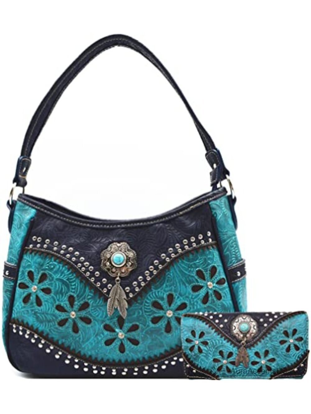 Tooled Floral Western Shoulder Bag Purse & Wallet Set Concealed Carry